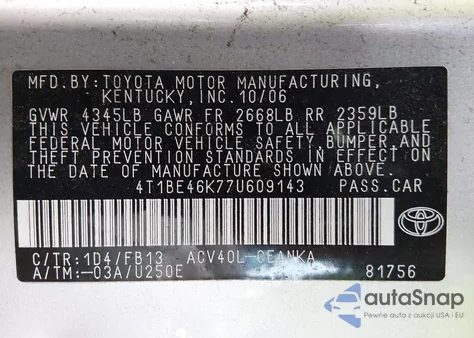 2007 Toyota Camry Ce from USA, damaged, VIN 4T1BE46K77U609143
